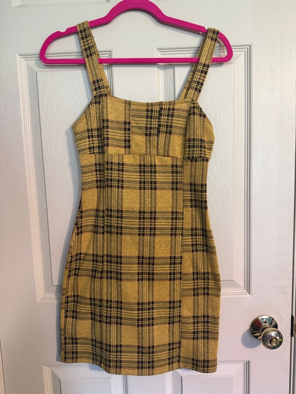 Plaid Square-Neck Mini Dress in Yellow